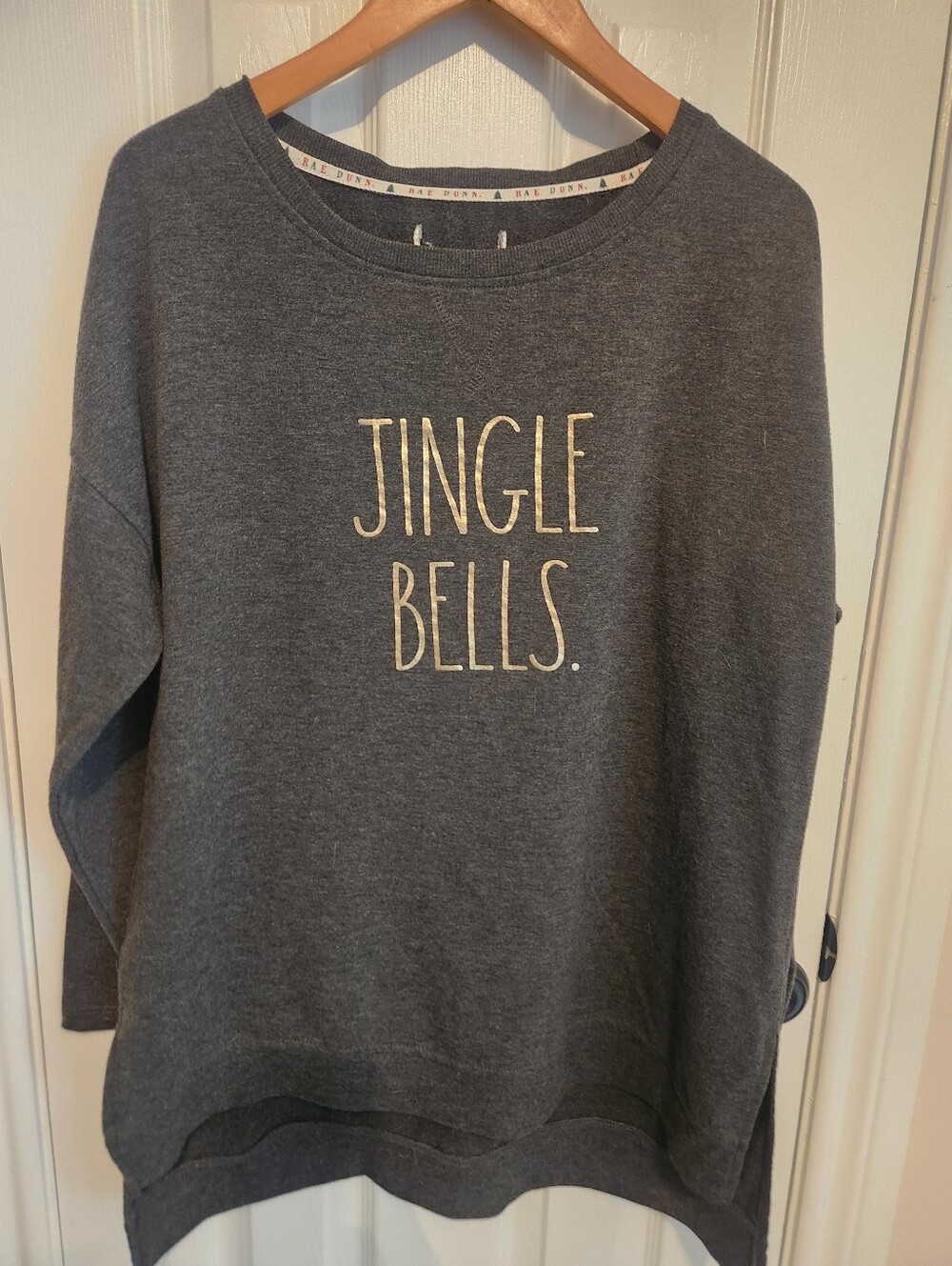 Rae Dunn Pullover Sweater Christmas Jingle Bells Gray Size M/L